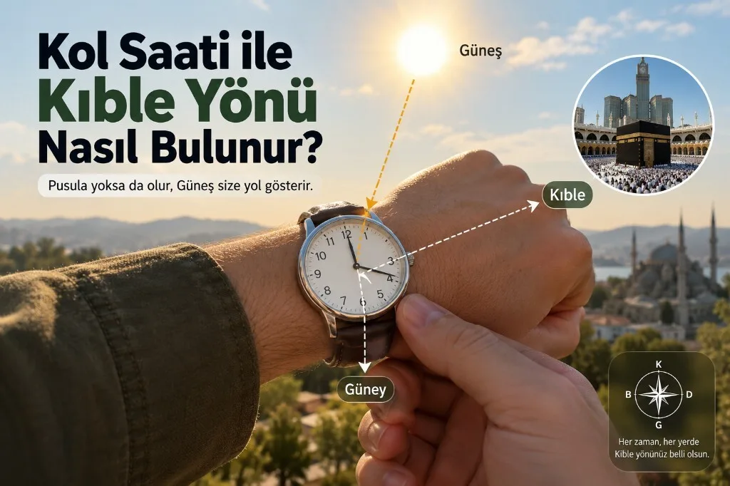 Analog kol saati ve güneş yardımıyla güney ve kıble yönünü bulmayı gösteren infografik görseli