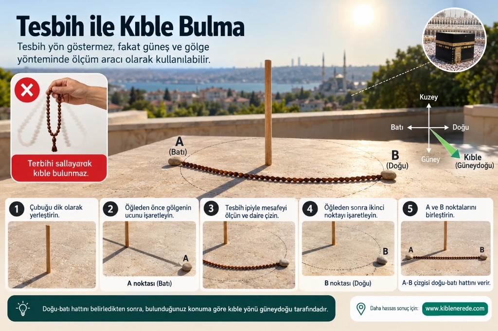 Tesbih ile güneş ve gölge yöntemiyle kıble yönü bulma infografiği